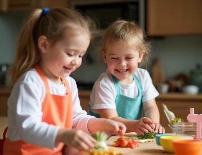 Children wearing aprons helping in the kitchen