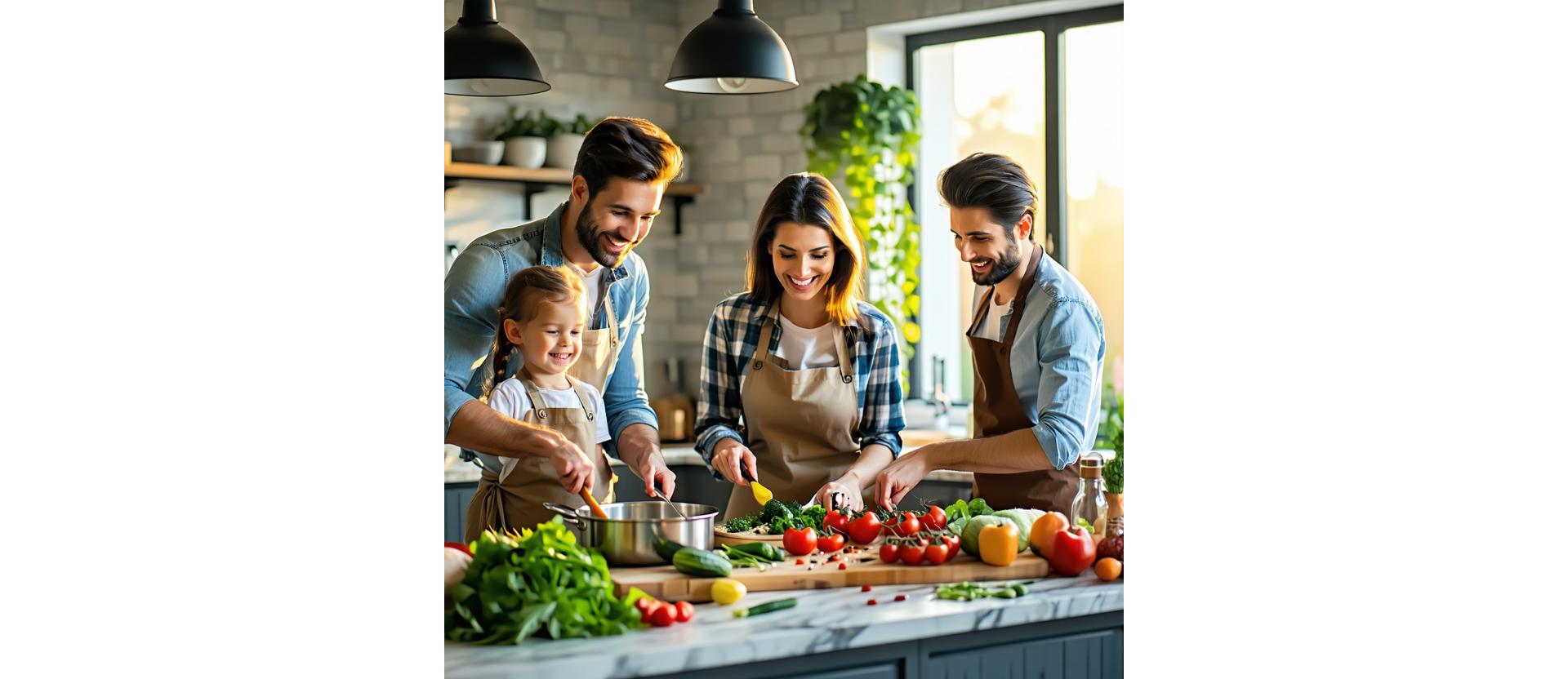 Family cooking together in a bright home kitchen